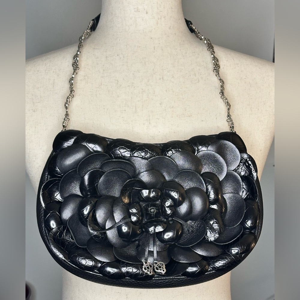 BRIGHTON!! ROSALIE BLACK LEATHER SHOULDER PURSE FLOWER PETALS SILVER CHAIN